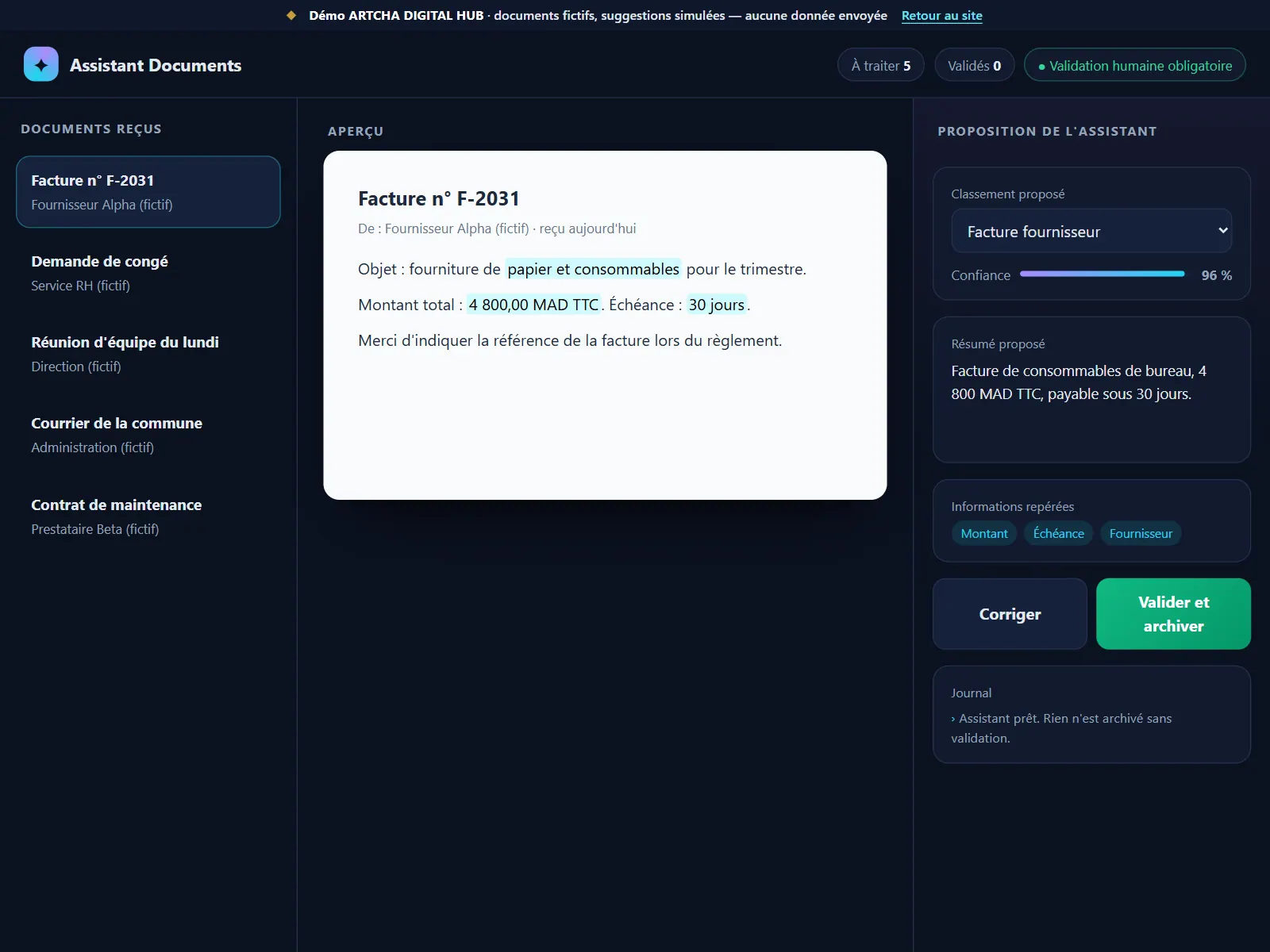 Capture de la démo : assistant de classement de documents avec validation humaine