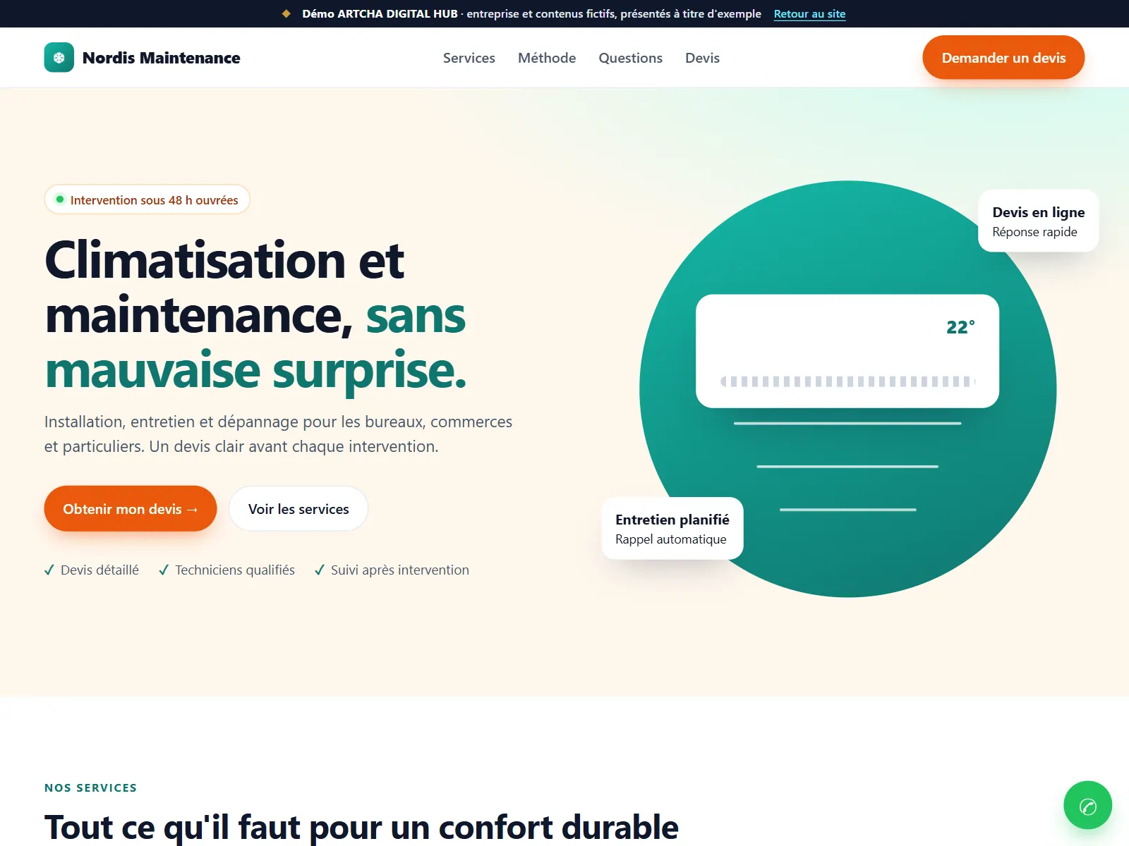 Capture de la démo : site vitrine d'une entreprise de maintenance fictive