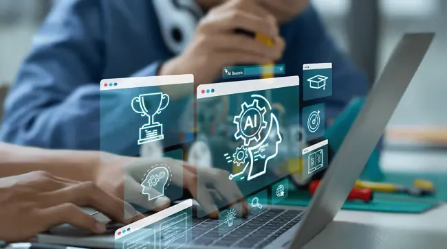 Illustration : mains sur un clavier d'ordinateur portable et pictogrammes autour de l'intelligence artificielle