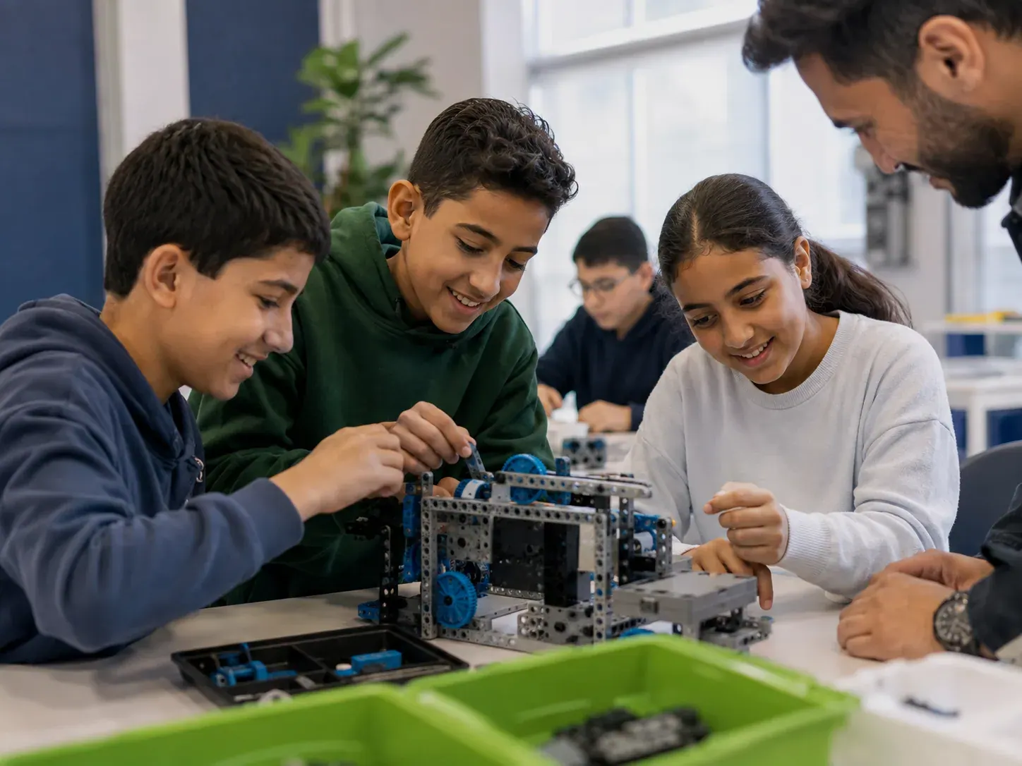 Des enfants assemblent et programment un robot pendant un atelier