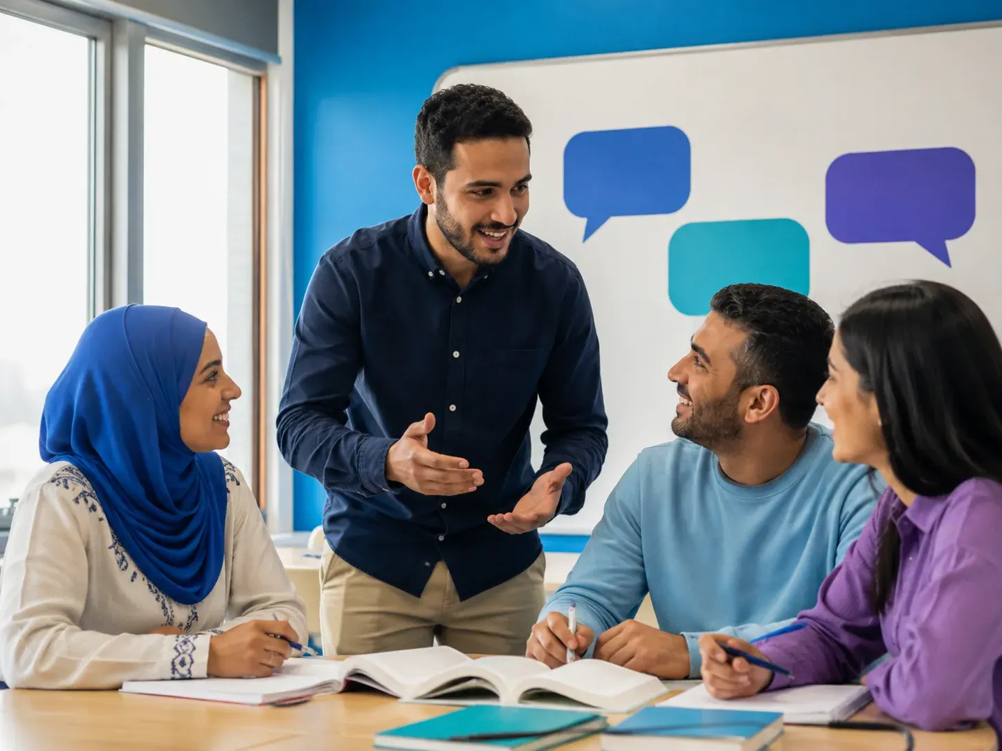 Une équipe échange autour d'une table, des bulles de discussion colorées au mur