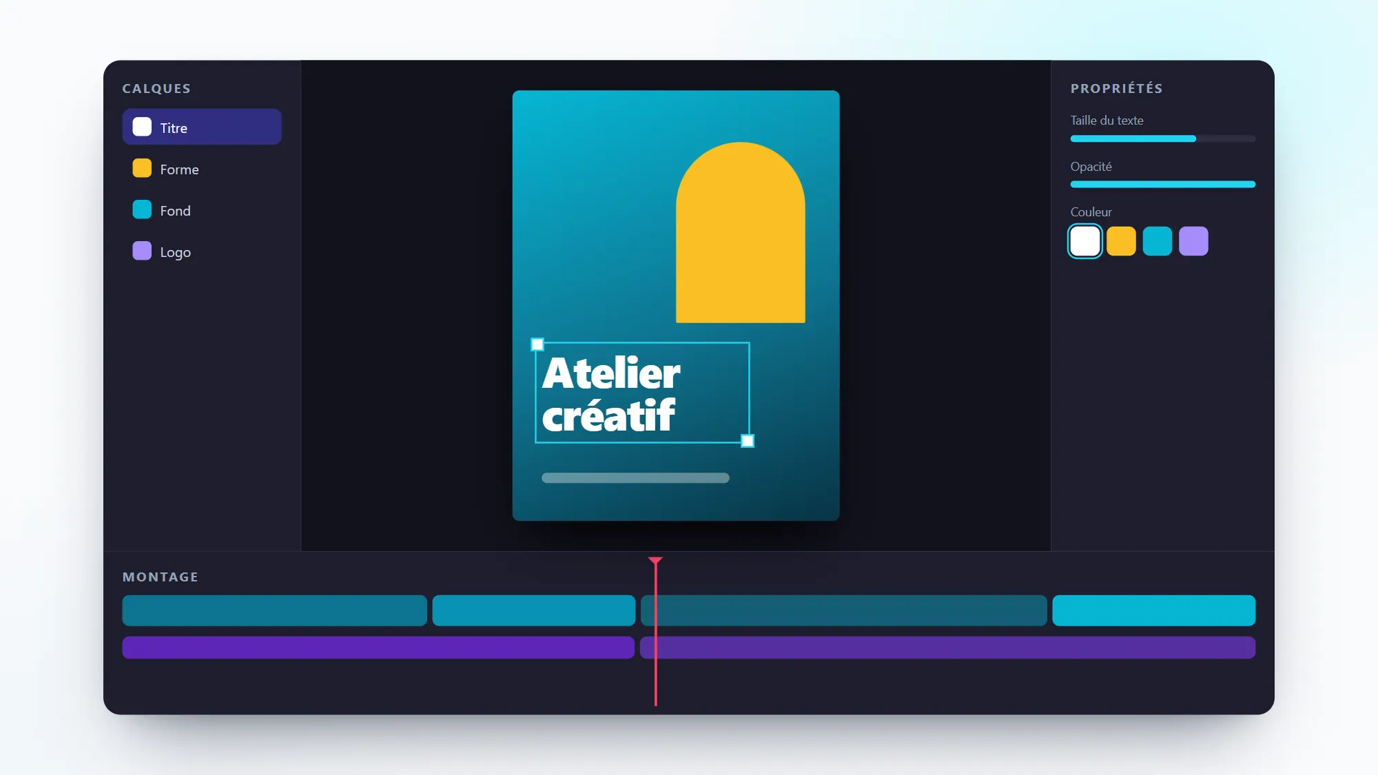 Illustration : logiciel de création avec une affiche en cours de conception et une timeline de montage